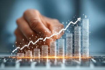 Business professionals use a tablet to review financial data with a rising holographic growth chart