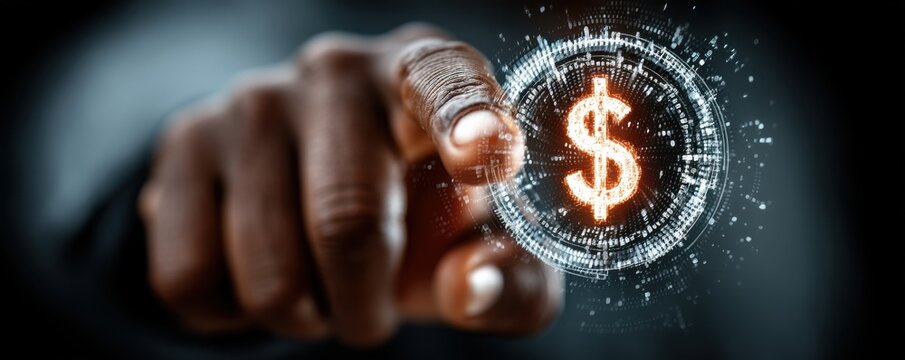 Businessman touches digital dollar sign icon with finger in a futuristic fintech concept