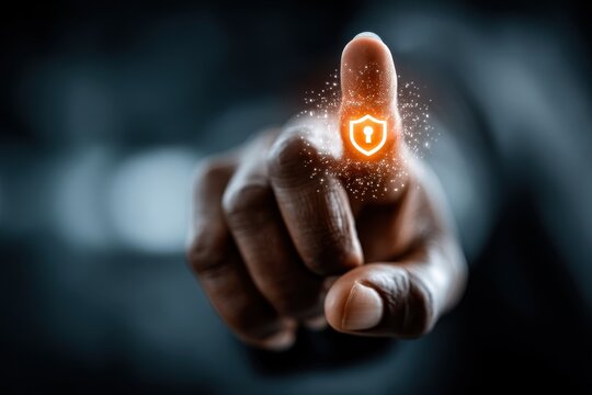Businessman taps a glowing digital shield icon, symbolizing data protection and cyber security