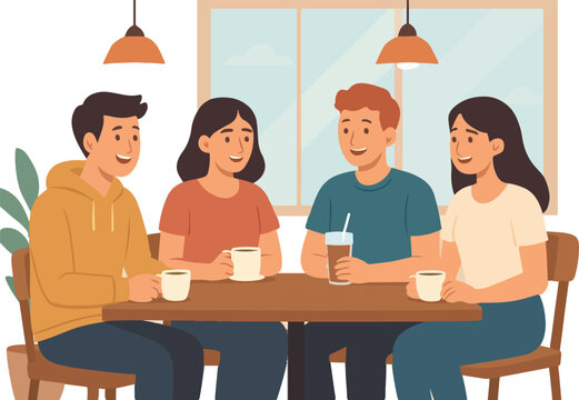 Cartoon Friends Chatting at Café Table