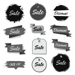 Collection of various sale discount tags banners set and labels with grunge brush strokes. Isolated transparent background ( include cut-out PNG file )