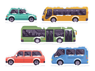Winter vehicles collection including cars buses vans covered with snow Isolated transparent background ( include cut-out PNG file )