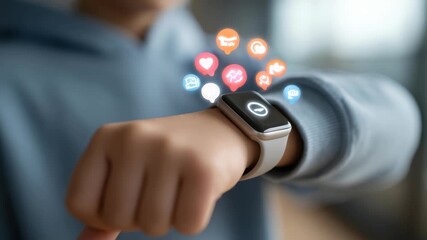Close up of a person using a modern smartwatch with colorful digital app icons floating above the device. The image highlights wearable technology and smart lifestyle trends - Powered by Adobe