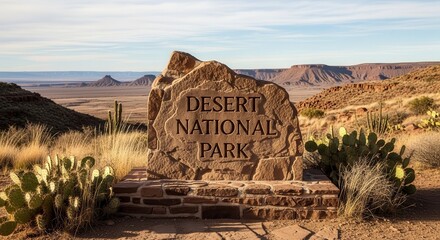 Desert National Park Sign Stands Proudly, Showcasing Vast Landscapes And Natural Beauty