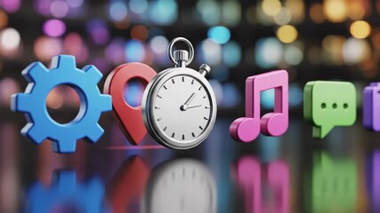 Colorful Digital Icons Arranged Horizontally with Stopwatch in Center Blurred Background - Powered by Adobe