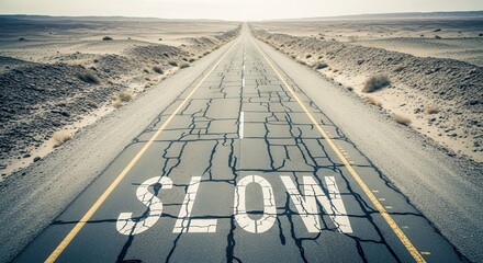 Desert Road With Cracked Pavement And The Word Slow Against A Bleak Horizon
