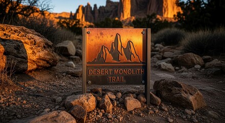 Desert Trail Sign Points Towards Magnificent Mountains At Golden Hour During Sunset