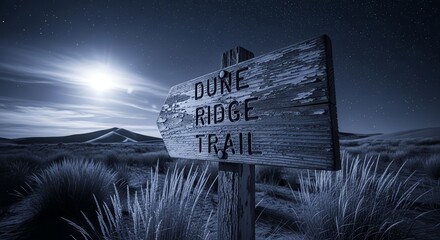 Desert Trail Sign Under a Glowing Moon and Starry Sky at Night Exploration