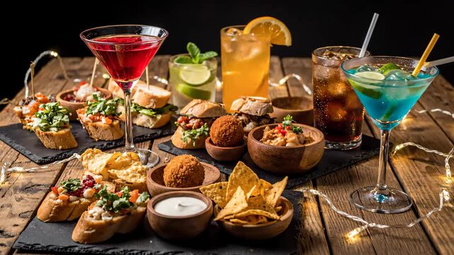 A vibrant arrangement of cocktails and tapas are displayed on a rustic wooden table, offering an array of appetizing canap&eacute;s and creative culinary delights.
