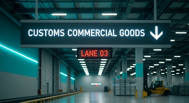 Customs Commercial Goods Entrypoint Signage With Directional Arrow Inside A Warehouse