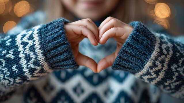  Concept of spreading love and kindness during winter holidays with kid hands heart shape