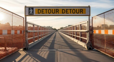 Detour Sign Across Walkway Suggesting Alternative Route and Roadwork Ahead Clearly Visible