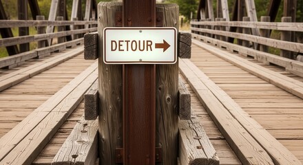 Detour Signage on a wooden bridge, pointing in a specific direction for travelers.
