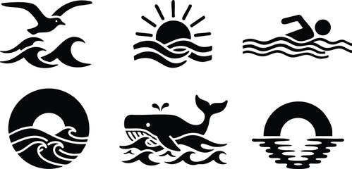 Ocean and marine life black icons with whale, sunrise, swimming, seagulls, waves and sea motifs in simple style