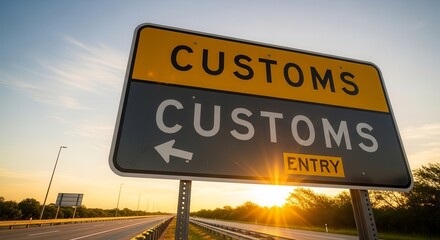 Obraz premium Customs Entry Sign on the Road against Sunset Sky Illustrates Travel and Border Crossing