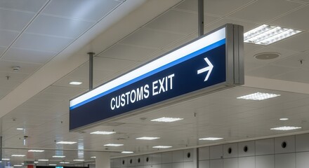 Customs Exit Signage In Airport Hallway Illuminated With Arrow Design Guidance