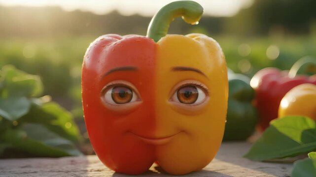 Smiling two-color bell pepper character in a sunny outdoor close-up. Fun mood, healthy theme and natural environment make it ideal for kids’ content, creative ads and cooking promotions.