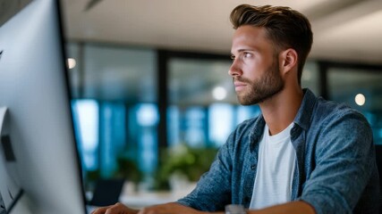 Focused young man working late at a modern office, illuminated by computer screen light. Professional concentration and productivity in a contemporary workspace environment - Powered by Adobe