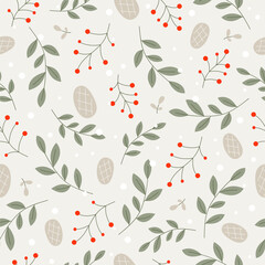 Winter seamless pattern with pine cones and rowan berries