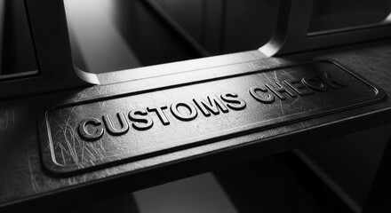 Customs Inspection Sign In Bold, Embossed Metal With Texture, Under Strong Lighting