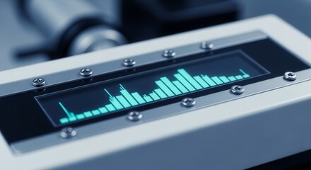 Digital Display Showing Data Visualization Against a Detailed Scientific Apparatus Background