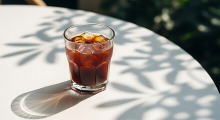 Refreshing iced coffee in a sunlit outdoor cafe with beautiful leaf shadows dancing on a bright white table