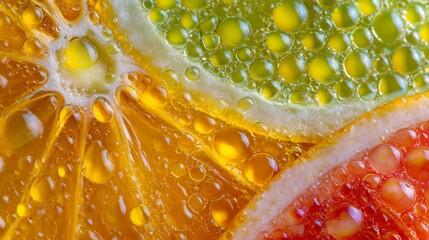 Close-up of fresh citrus slices with bubbles and droplets on a colorful background