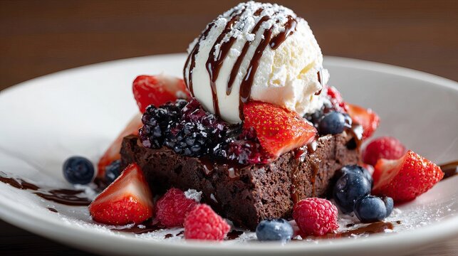 Delicious chocolate brownie topped with vanilla ice cream and fresh berries for a sweet dessert treat, perfect for indulging any time