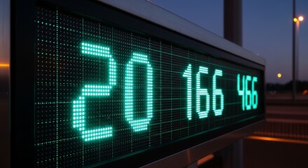 Digital Display Showing Numerical Data Illuminated In Green At Dusk With A Roadway In The Background