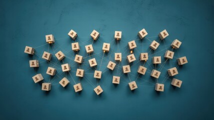 Wooden blocks with person icons connected by lines on a blue background