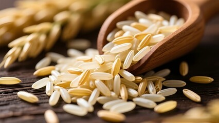 close up of rice with a wooden shovel