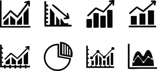 Set of business growth charts and financial data icons showing positive trends and analysis in simple black design