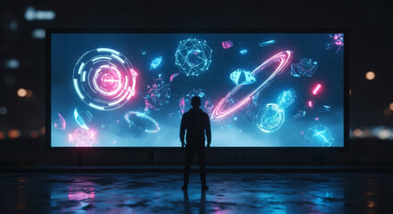 Large Outdoor Tech Display Projecting Neon Holographic Motion Graphics