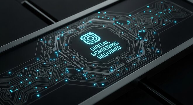 Digital Screening Required: Illuminated Circuitry Depicting Information Technology Security and - Powered by Adobe