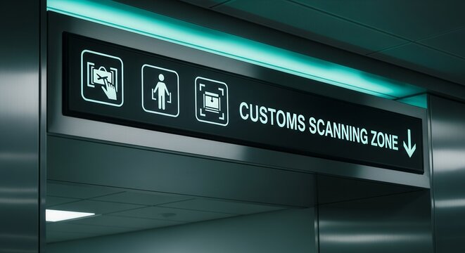 Customs Scanning Zone Sign Illuminates Airport Passage Guiding International Travelers Forward