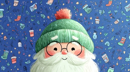 Cheerful character with a green knit hat and glasses surrounded by festive decorations in a colorful pattern