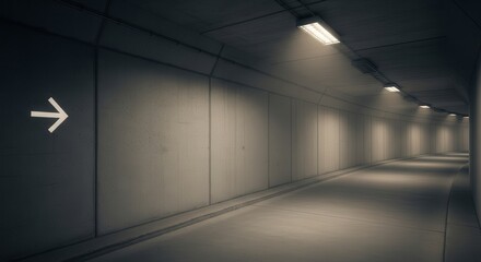 Dim Tunnel With Directional Arrow Suggests Undiscovered Path And Future Destinations