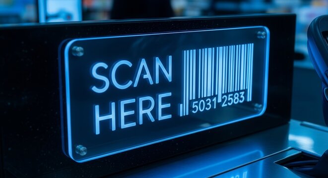 Digitally Illuminated Barcode Scanner Displaying Scan Instruction Message in Bright Neon Blue Light