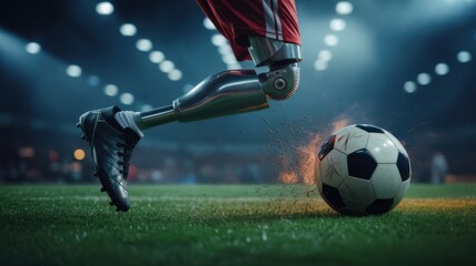 Soccer player with prosthetic leg kicking a soccer ball on a green field