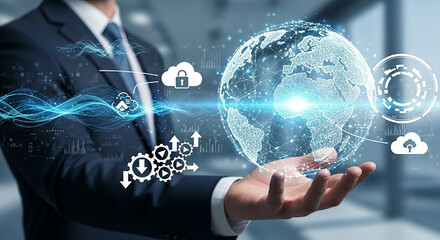 Businessman holding a glowing digital globe with data streams