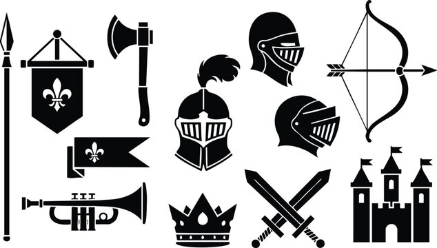 Medieval knight helmet sword crown castle banner axe bow arrow trumpet set in black silhouette vector illustration