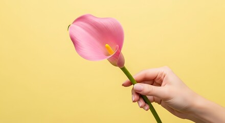 hand holding pink calla lily flower