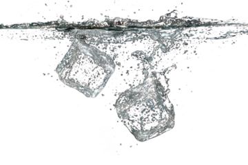 Two ice cubes splash into clear water, creating ripples and bubbles on a dark background