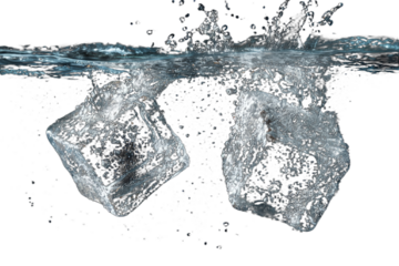 Two ice cubes splash into water, creating ripples and drops against a dark background