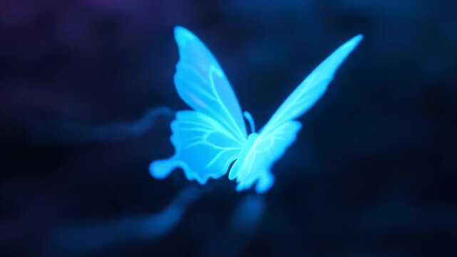 Flying glowing butterfly leaving light trail behind it on dark background. Digital art illustration with neon insect element. Motion footage.