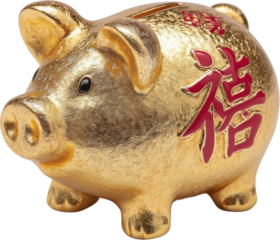Golden piggy bank with Chinese character 'xi' for good luck