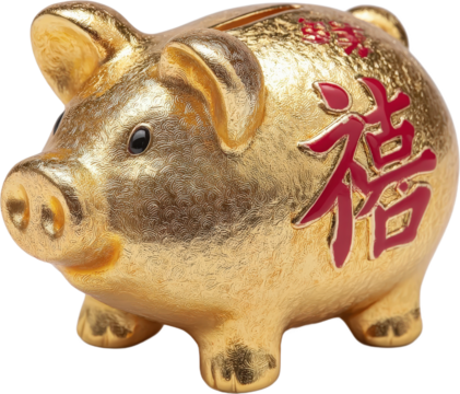 Golden piggy bank with Chinese character 'xi' for good luck