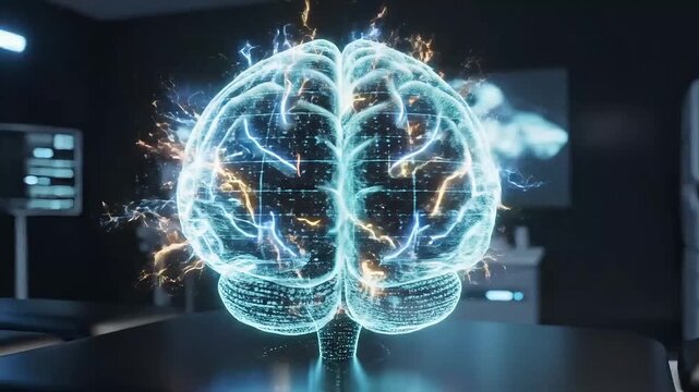 Futuristic holographic brain with energy pulsing for medical research and technology insights, showcasing advanced neuroscience and healthcare solutions