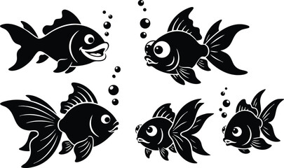 Obraz premium Group of five cartoon fish blowing bubbles simple black silhouette vector illustration