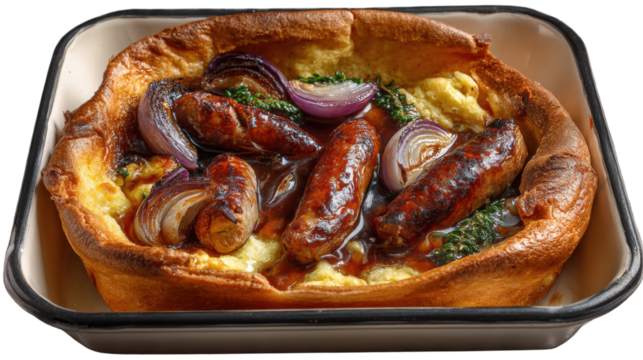 homemade traditional English toad in the hole recipe with juicy venison sausages, Yorkshire pudding batter, and caramelised isolated on a white background